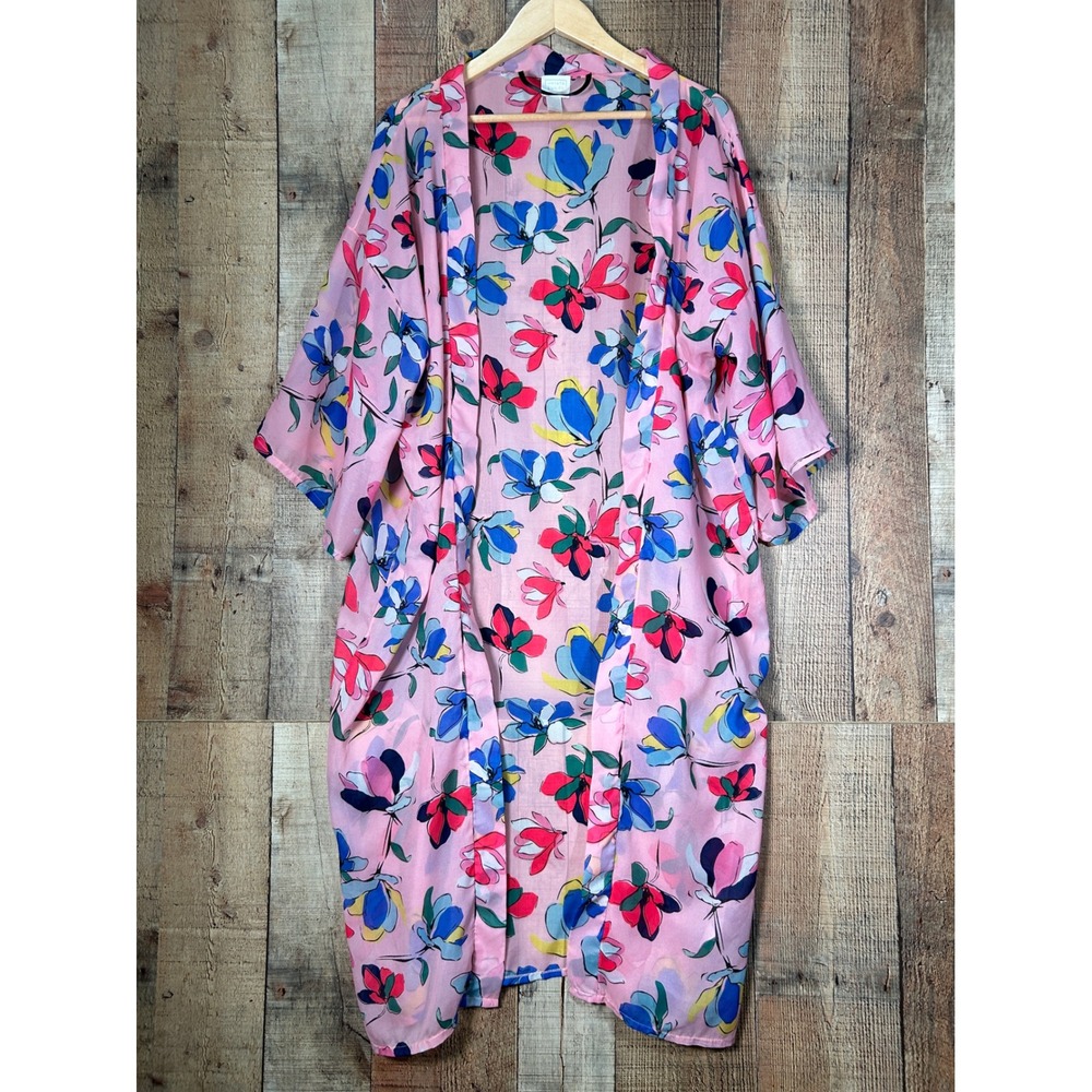 14th & Union Pink Floral Sheer Kimono Cardigan Beach Coverup One Size Boho Long